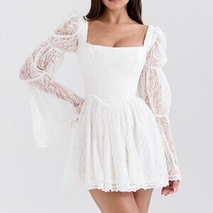 Square Neck Lace Long Sleeve Dress | New Mini Formal Ruched White Dress